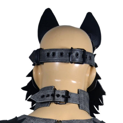 Adjustable leather wolf mask with pointed ears and buckle closure.