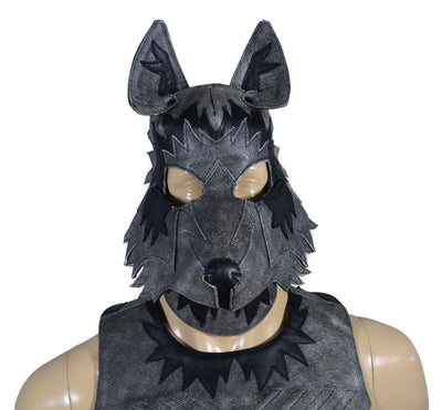 Leather wolf mask with adjustable ears and comfortable fit.