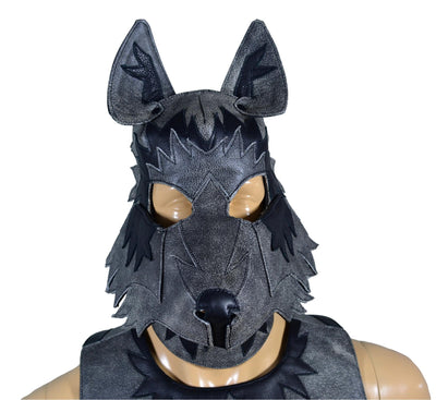 Leather Wolf Mask puppy hood with adjustable ears and non-removable snout.