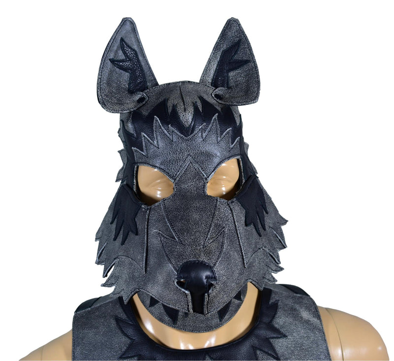 Leather wolf mask with adjustable ears and comfortable fit.