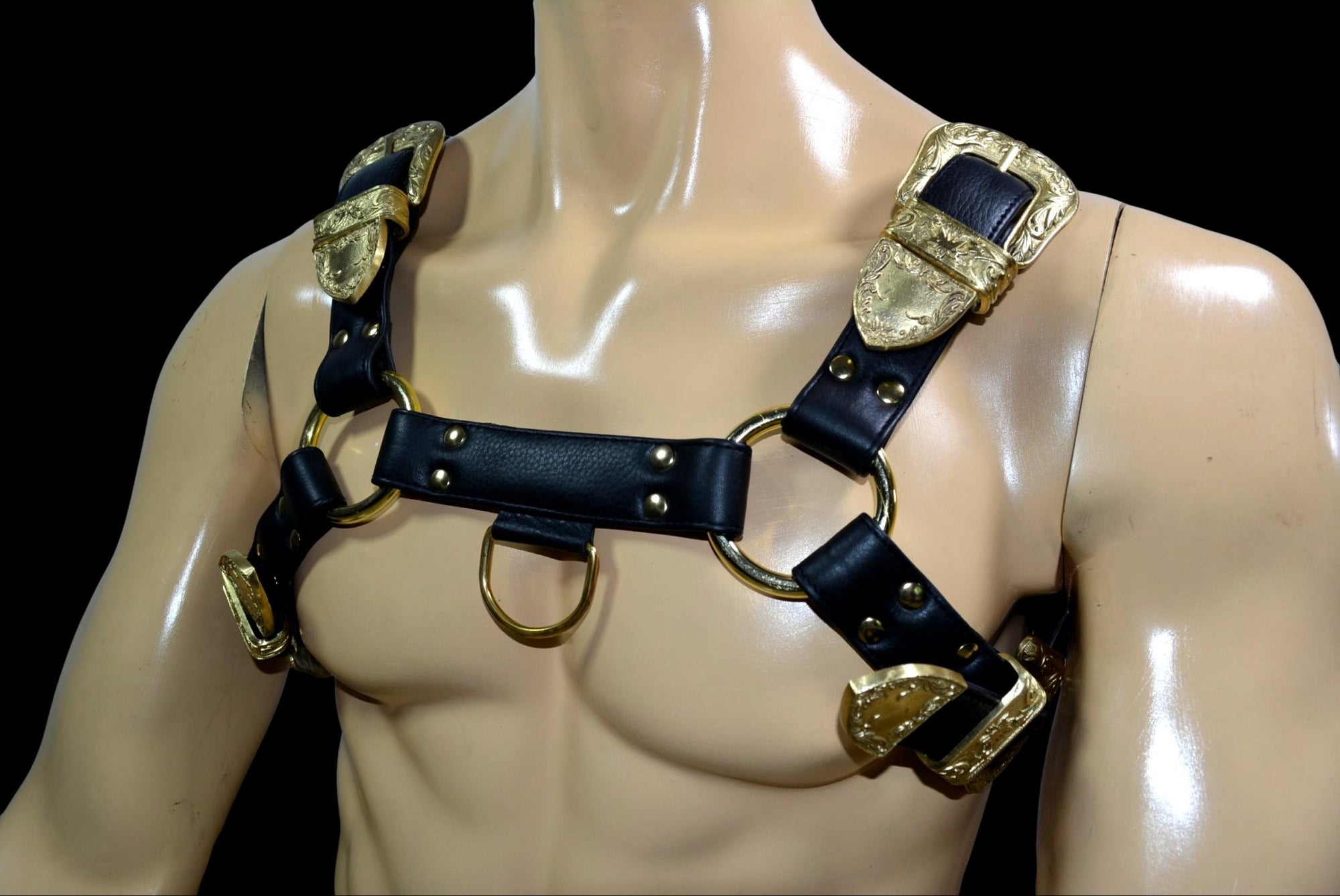 Gold Buckles Leather Bulldog Harness - MRI Leathers