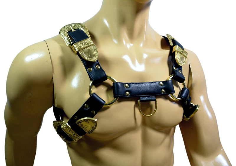 Gold Buckles Leather Bulldog Harness - MRI Leathers