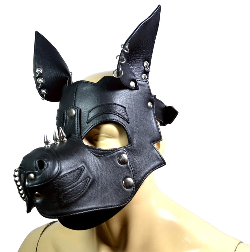 Leather Dog Mask With Spikes and Rings Leather Puppy Mask Puppy Mask Kink Puppy Hood Puppy play - MRI Leathers