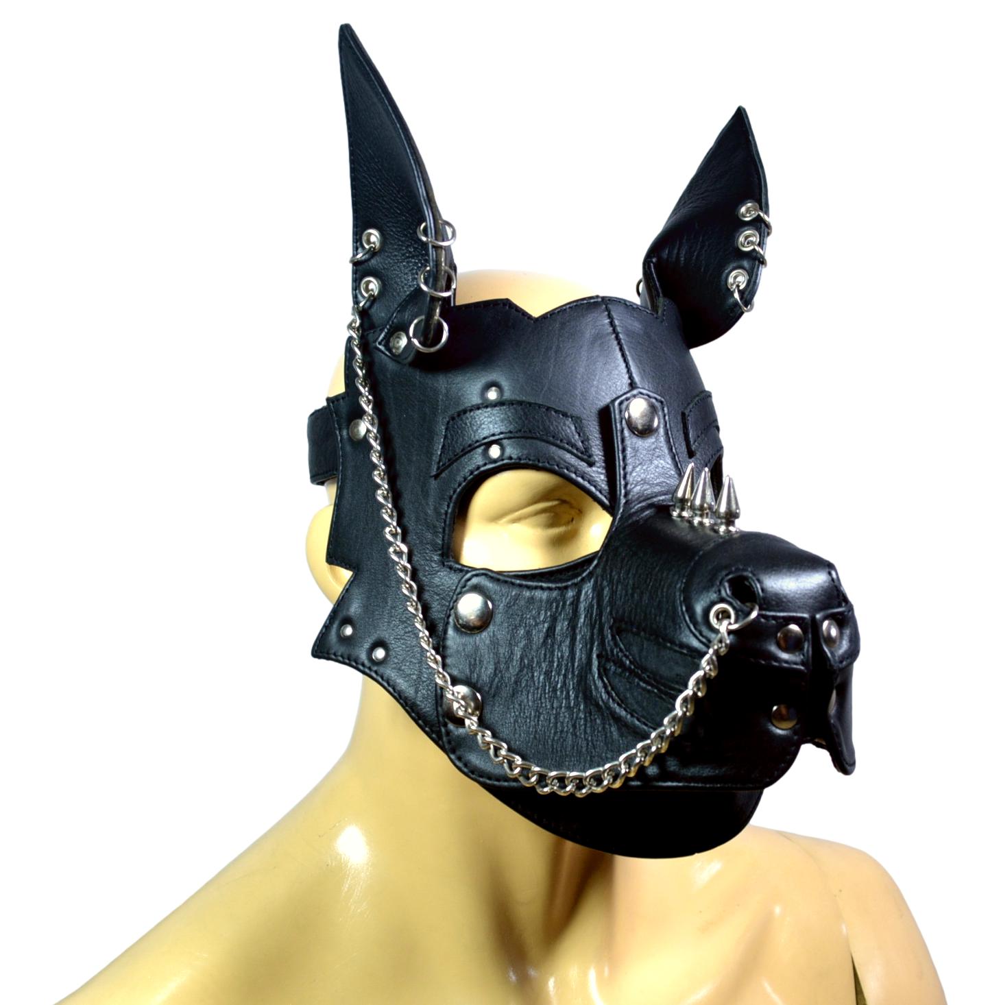 Leather Dog Mask With Spikes and Rings Leather Puppy Mask Puppy Mask Kink Puppy Hood Puppy play - MRI Leathers