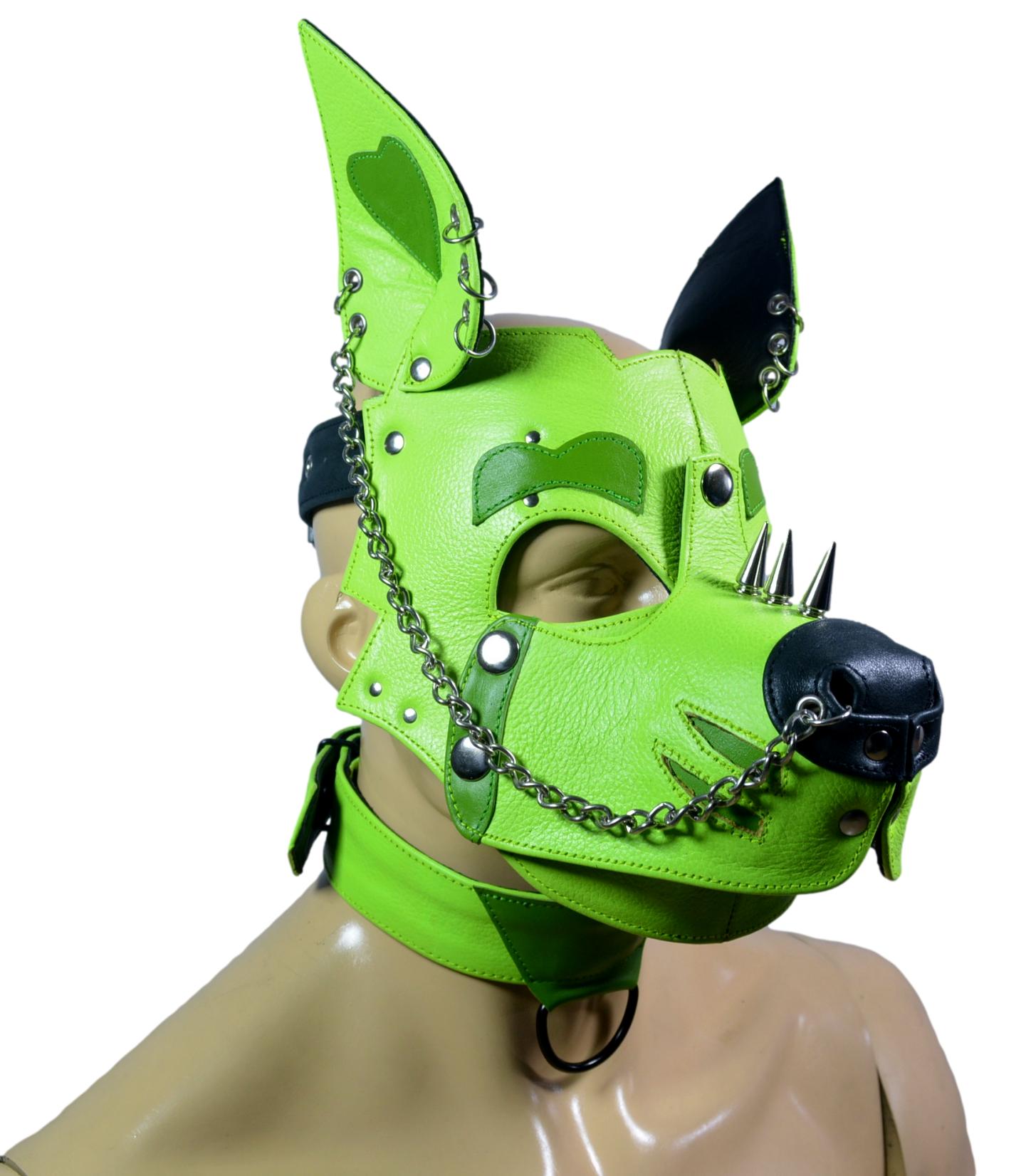 Leather Dog Mask With Spikes and Rings Leather Puppy Mask Puppy Mask Kink Puppy Hood Puppy play - MRI Leathers