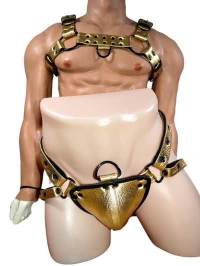 BULLDOG Metallic gold LEATHER HARNESS with black or silver snap and ring. Men leather harness - MRI Leathers