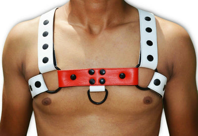 Genuine leather HARNESS GAY Leather White Black adjustable straps - MRI Leathers