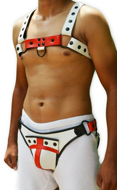 Genuine leather HARNESS GAY Leather White Black adjustable straps - MRI Leathers