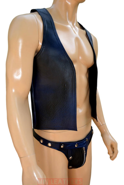 Leather Bar Vest for Men Open Front Leather Vest For Men Hand Made Leather Vest with thong - MRI Leathers