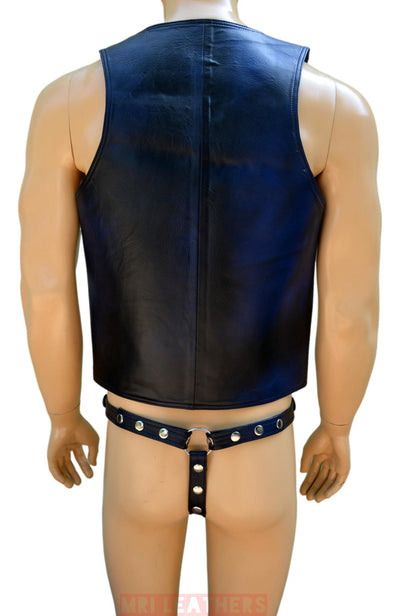 Leather Bar Vest for Men Open Front Leather Vest For Men Hand Made Leather Vest with thong - MRI Leathers