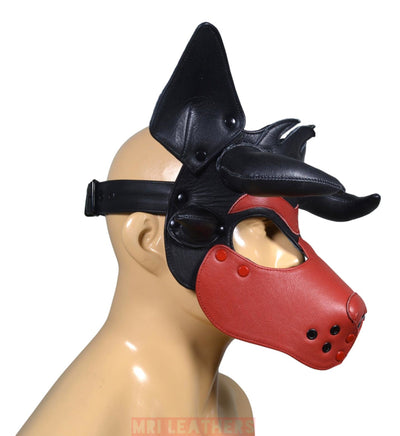 Leather Dog Mask Leather Dog Mask Dog Hood Pet Play Hood Puppy Mask Horns Red - MRI Leathers