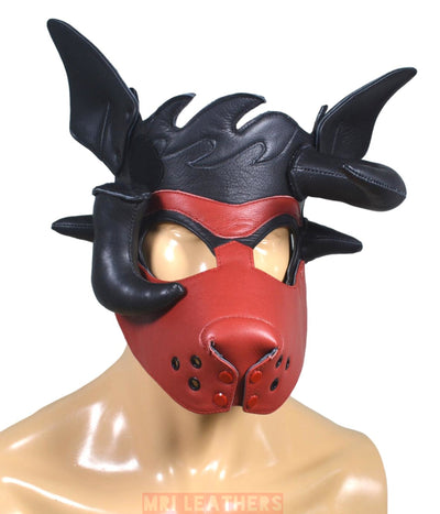 Leather Dog Mask Leather Dog Mask Dog Hood Pet Play Hood Puppy Mask Horns Red - MRI Leathers