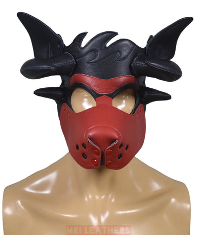 Leather Dog Mask Leather Dog Mask Dog Hood Pet Play Hood Puppy Mask Horns Red - MRI Leathers