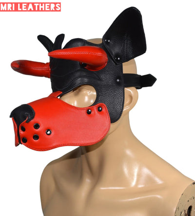 Leather Dog Mask Leather Dog Mask Dog Hood Pet Play Hood Puppy Mask Horns Red - MRI Leathers