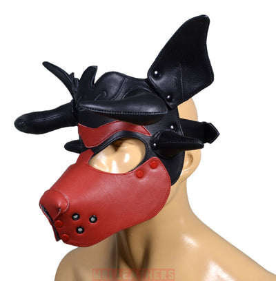 Leather Dog Mask Leather Dog Mask Dog Hood Pet Play Hood Puppy Mask Horns Red - MRI Leathers