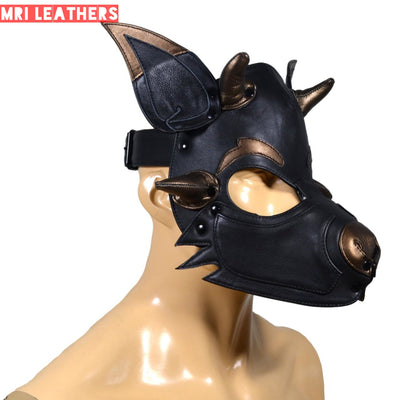 Leather Dog Mask Leather Pup Mask Dog Hood Pet Play Hood with horns - MRI Leathers