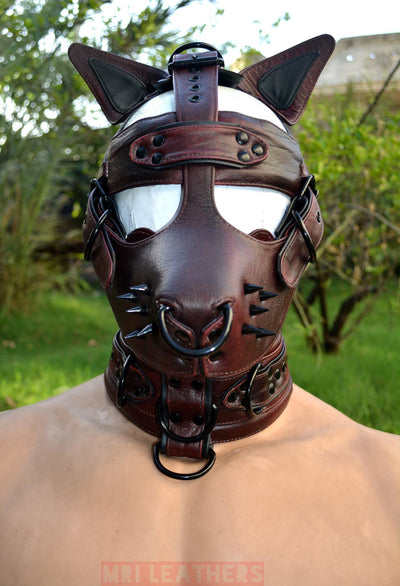 Leather Gear Face Hood Fetish Bondage Muzzle Gag dildo rings buckles - MRI Leathers