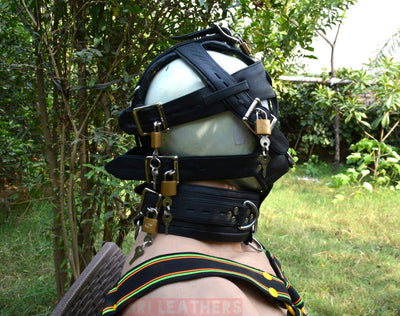 Leather Gear Face Hood Fetish Bondage Muzzle Gag dildo rings locking buckles - MRI Leathers