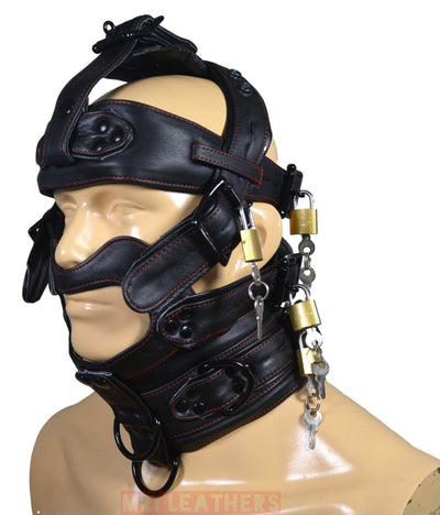 Leather Gear Face Hood Fetish Bondage Muzzle Gag dildo rings locking buckles - MRI Leathers