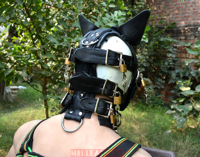 Leather Gear Face Hood Fetish Bondage Muzzle Gag dildo rings locking buckles - MRI Leathers