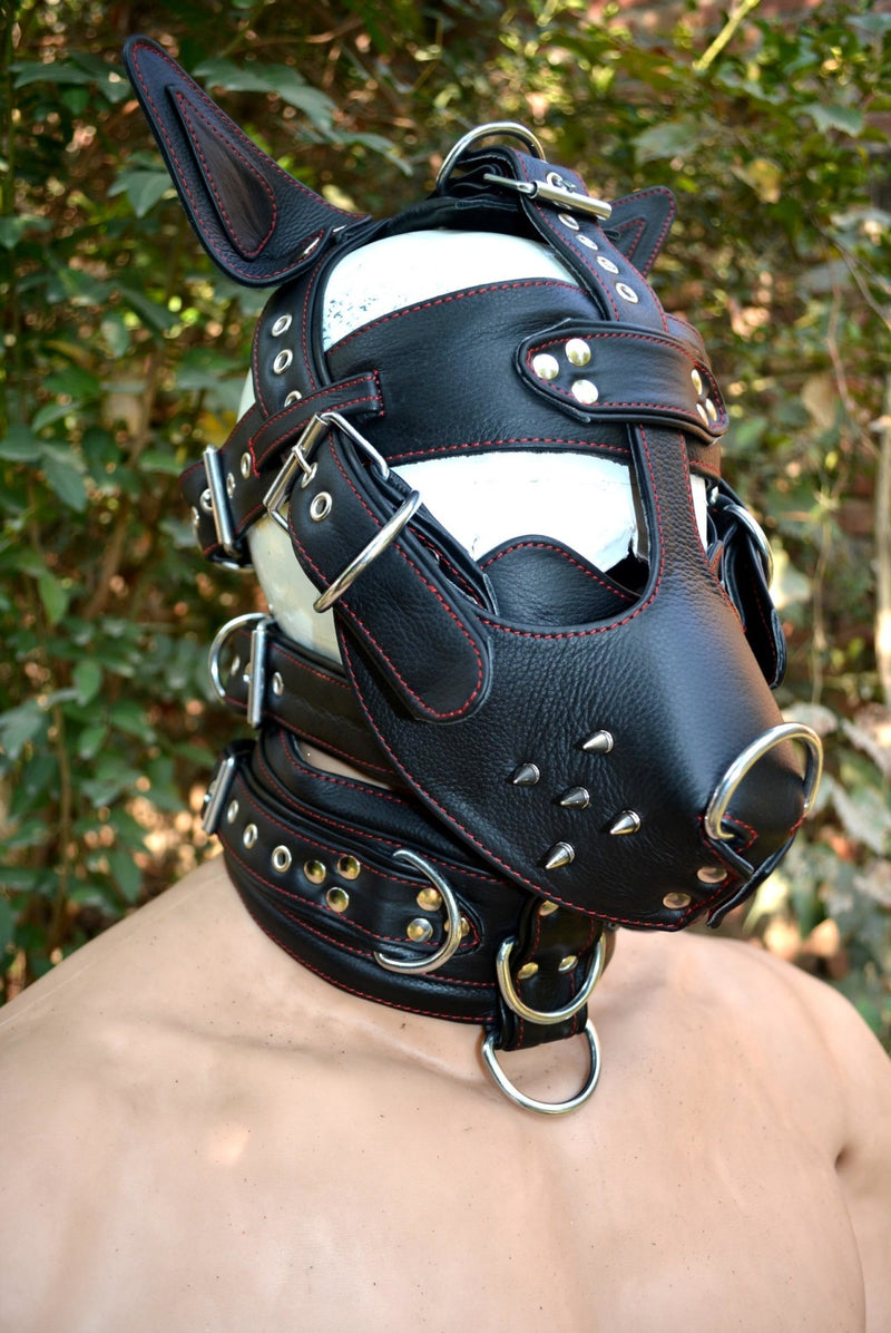 Leather mask, leather dog mask, dog hood, pet play hood, puppy mask head harness muzzle - MRI Leathers