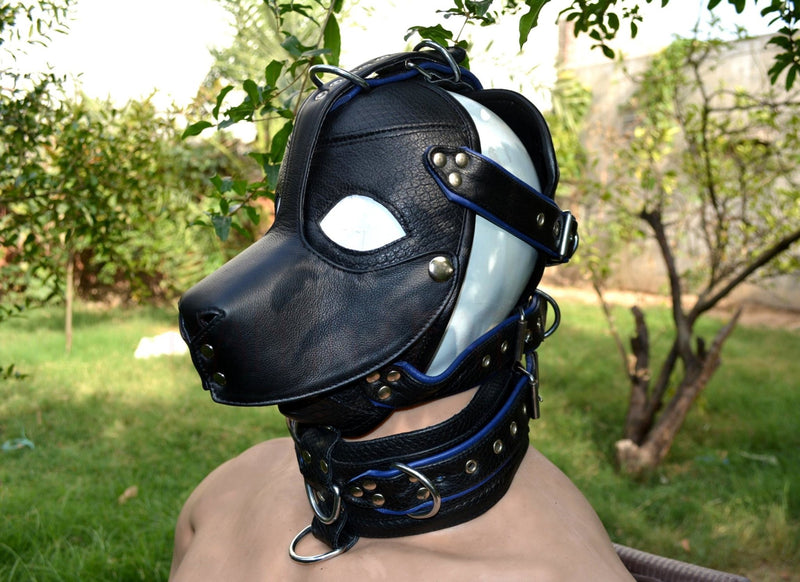 Leather mask, leather dog mask, dog hood, pet play hood, puppy mask head harness muzzle - MRI Leathers