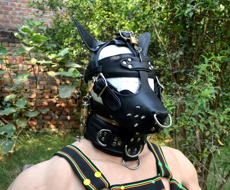 Leather mask,Locking buckles,dog hood, pet play hood, puppy mask head harness muzzle - MRI Leathers