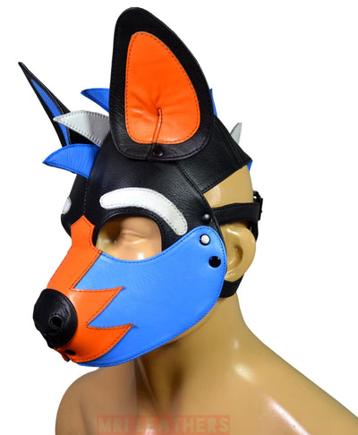 Leather Puppy Mask Hood Human puppy Flame on Head Blue Orange White - MRI Leathers