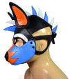 Leather Puppy Mask Hood Human puppy Flame on Head Blue Orange White - MRI Leathers