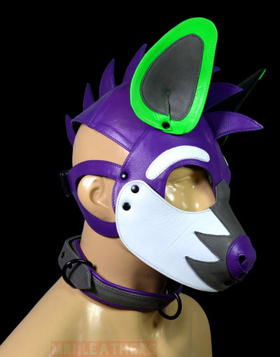 Leather Puppy Mask Hood Human puppy Flame on Head Purple - MRI Leathers