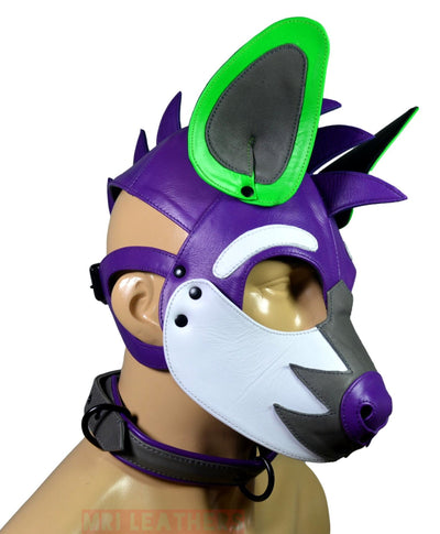 Leather Puppy Mask Hood Human puppy Flame on Head Purple - MRI Leathers