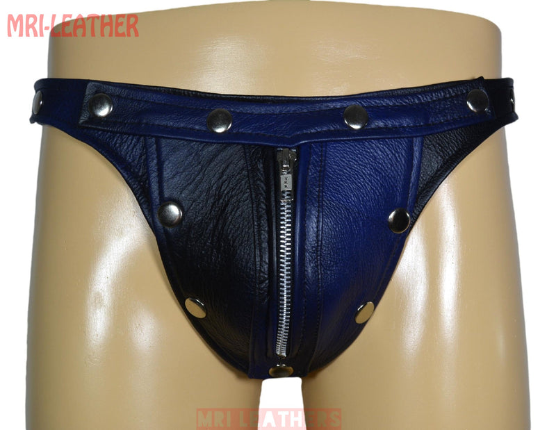 Men Leather Thong adjustable remove able pouch Tow tone leather with zipper - MRI Leathers