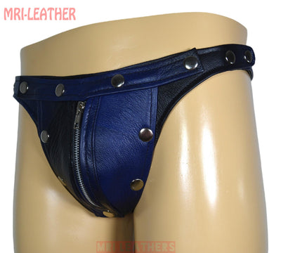 Men Leather Thong adjustable remove able pouch Tow tone leather with zipper - MRI Leathers