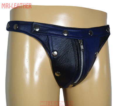 Men Leather Thong adjustable remove able pouch Tow tone leather with zipper - MRI Leathers