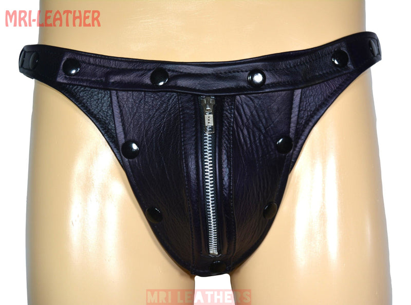 Men Leather Thong adjustable remove able pouch Tow tone purple leather with zipper - MRI Leathers