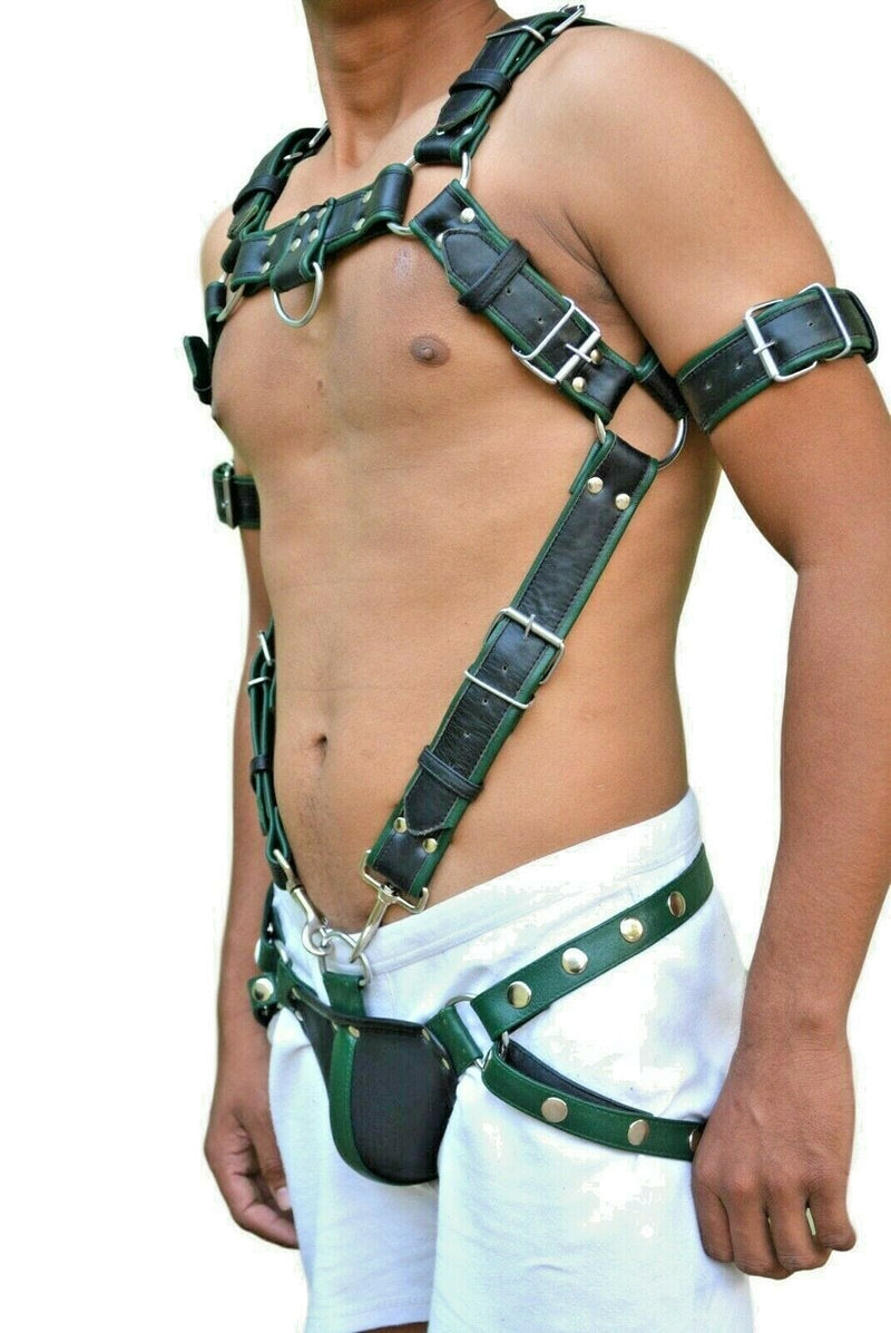 Mens Leather Harness Body Chest Armor Buckles Adjustable Strap Belt Club Costume - MRI Leathers