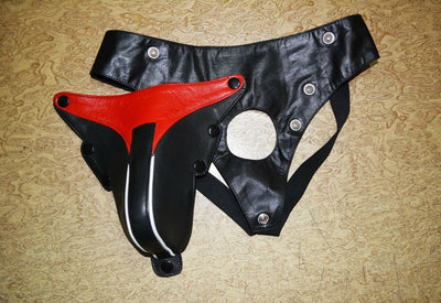 Mens Underwear Leather-Like Cod Piece Thong Jock Red, Black, All Sizes - MRI Leathers