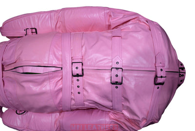 Real Pink Cow leather Sleep Sack Bondage Body Bag Bdsm Mummy Seductive Restricted Bondage Bag BDSM With Hood Heavy Duty belts Serious Bondage - MRI Leathers